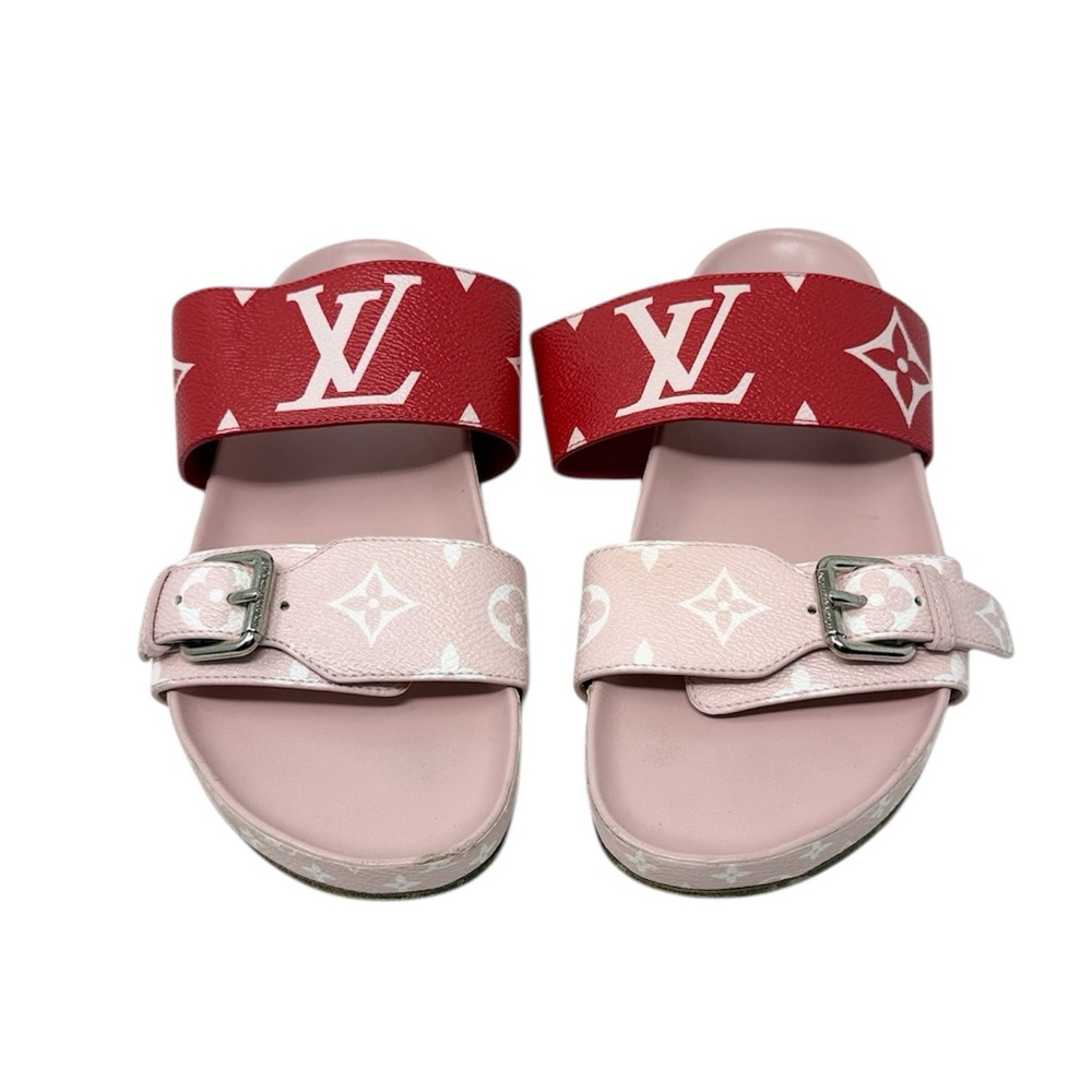 Louis Vuitton Bom Dia Monogram Canvas Flat Slide Sandals Pink Red Size 37